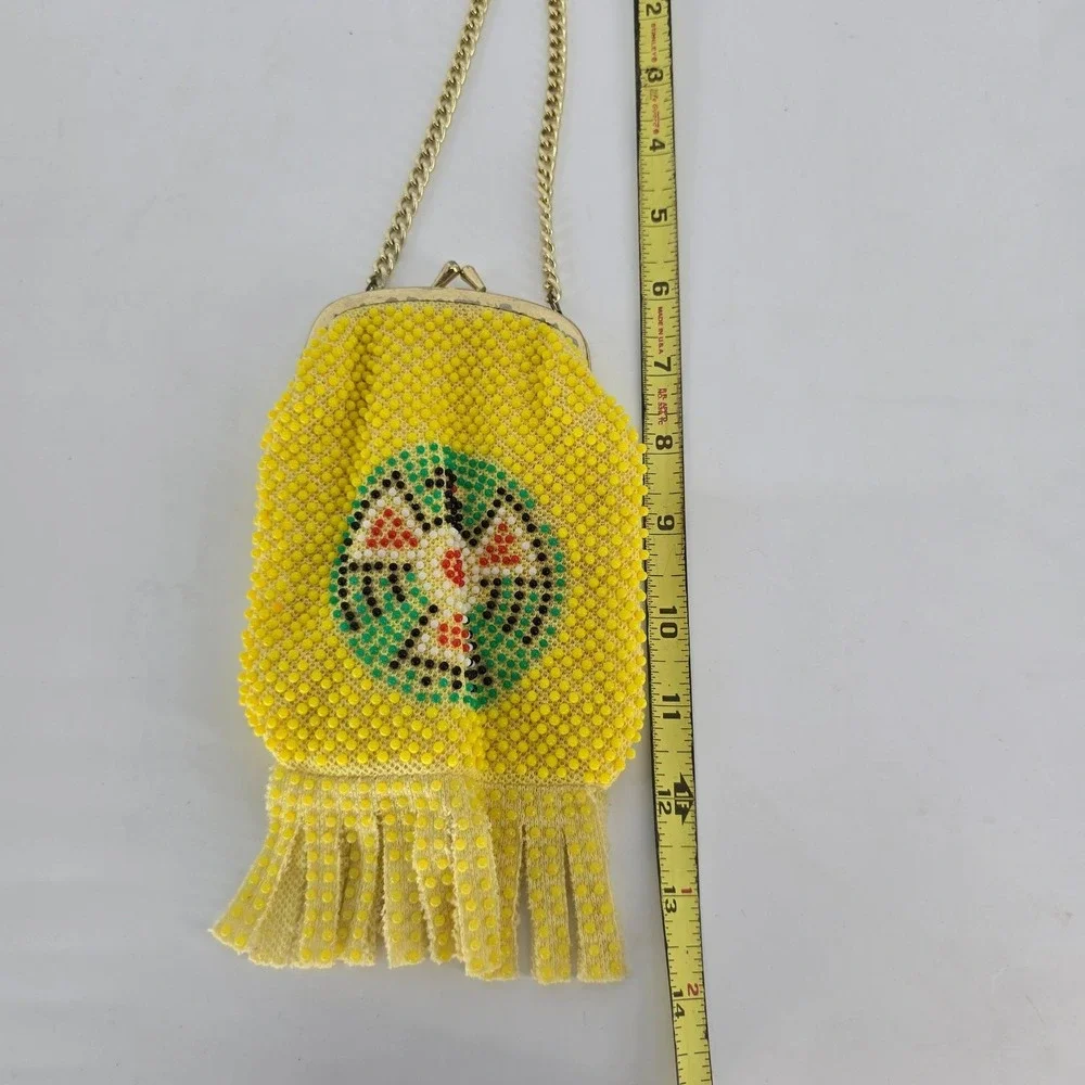 Vintage Thunderbird Indy 500 Beaded Souvenir Purse Yellow Fringe Kiss Lock‎